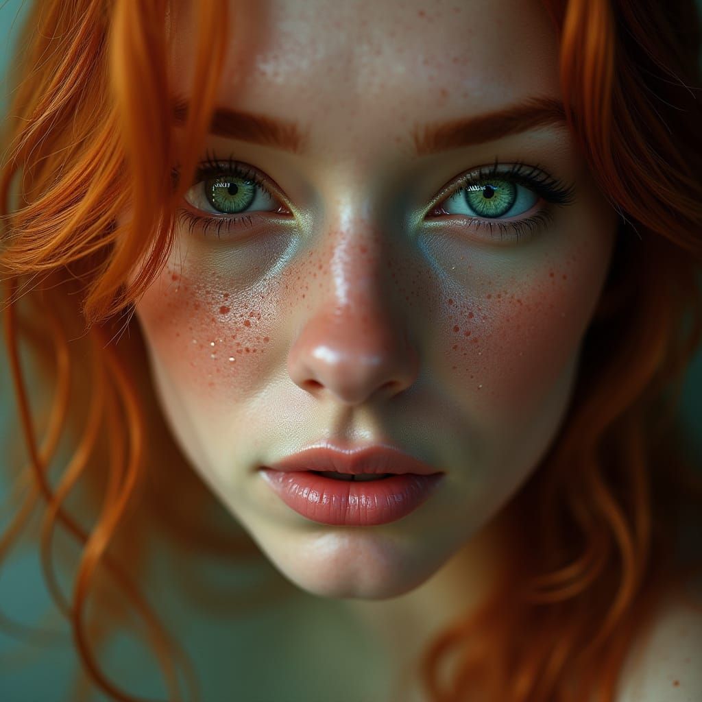 Hyperrealistic Woman Reflecting Waterfall in Green Eyes