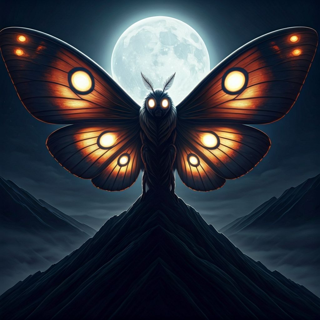 Moth Man Guardian on Misty Mountain Under Full Moon