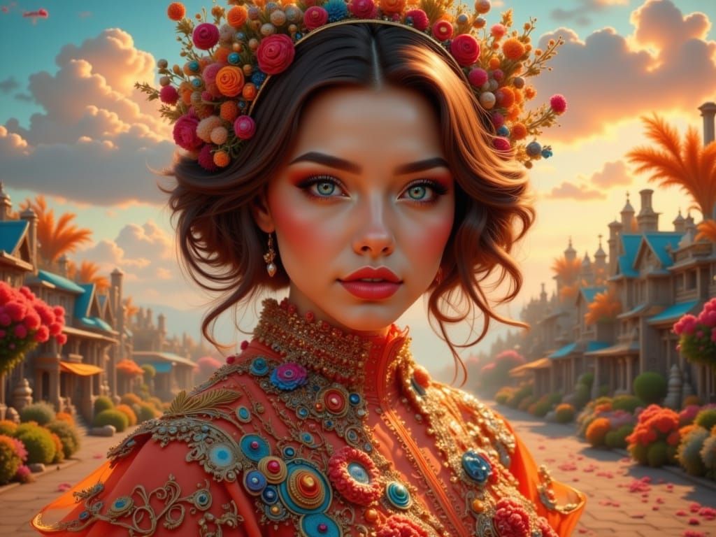 Euphoric Woman in Vintage-Futurism Style