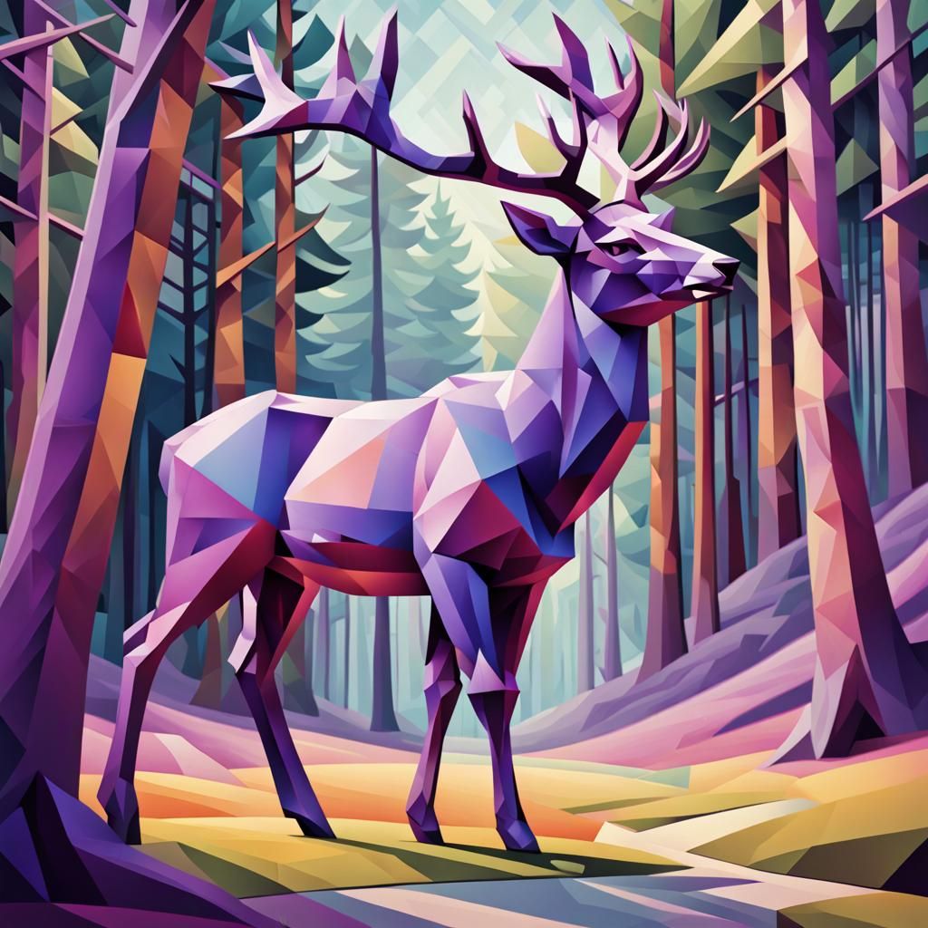 Cubist Purple Deer in Geometric Fauvism Style
