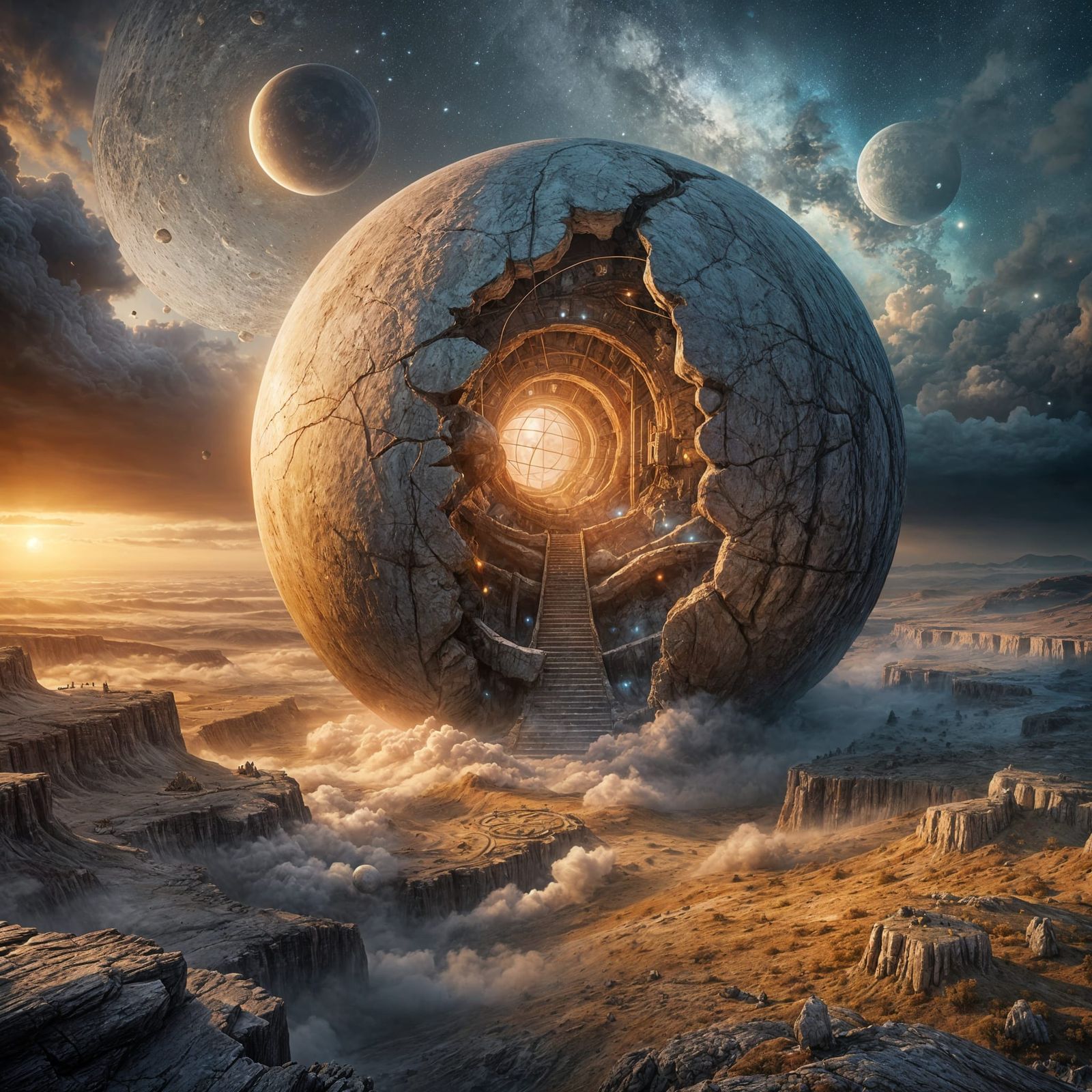 Surreal Stone Sphere with Prehistoric World Inside