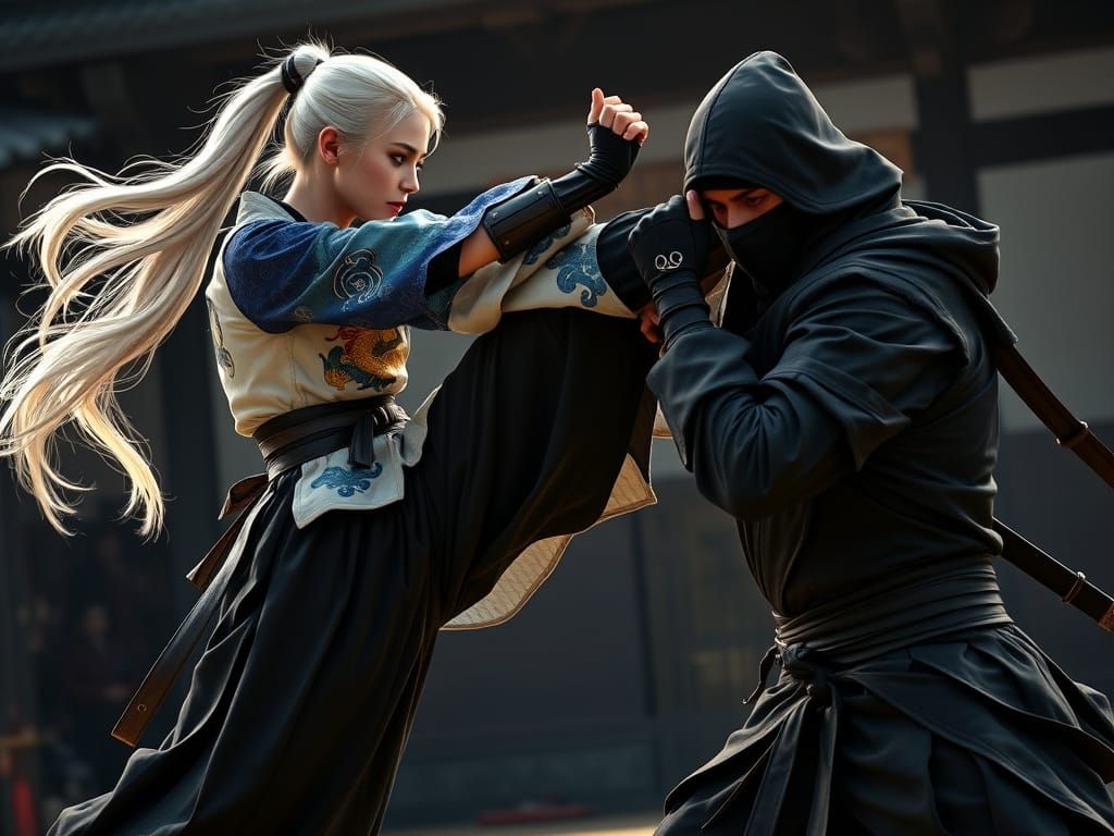 Samurai's Jumping Knee Strike in Medieval Arena