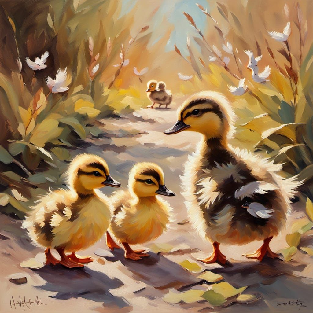 Adorable Ducklings Follow Cat in Impressionist Style