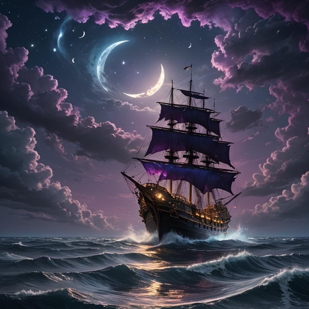Fireflies Carry Ship in Dark Fantasy Skies