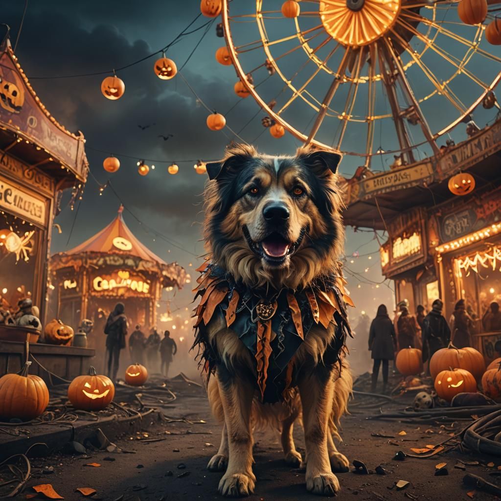 Halloween Dog in Spooky Carnival: Digital Matte Painting
