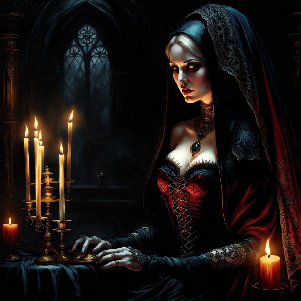 Gothic Necromancer Talking to Zombie in Chiaroscuro