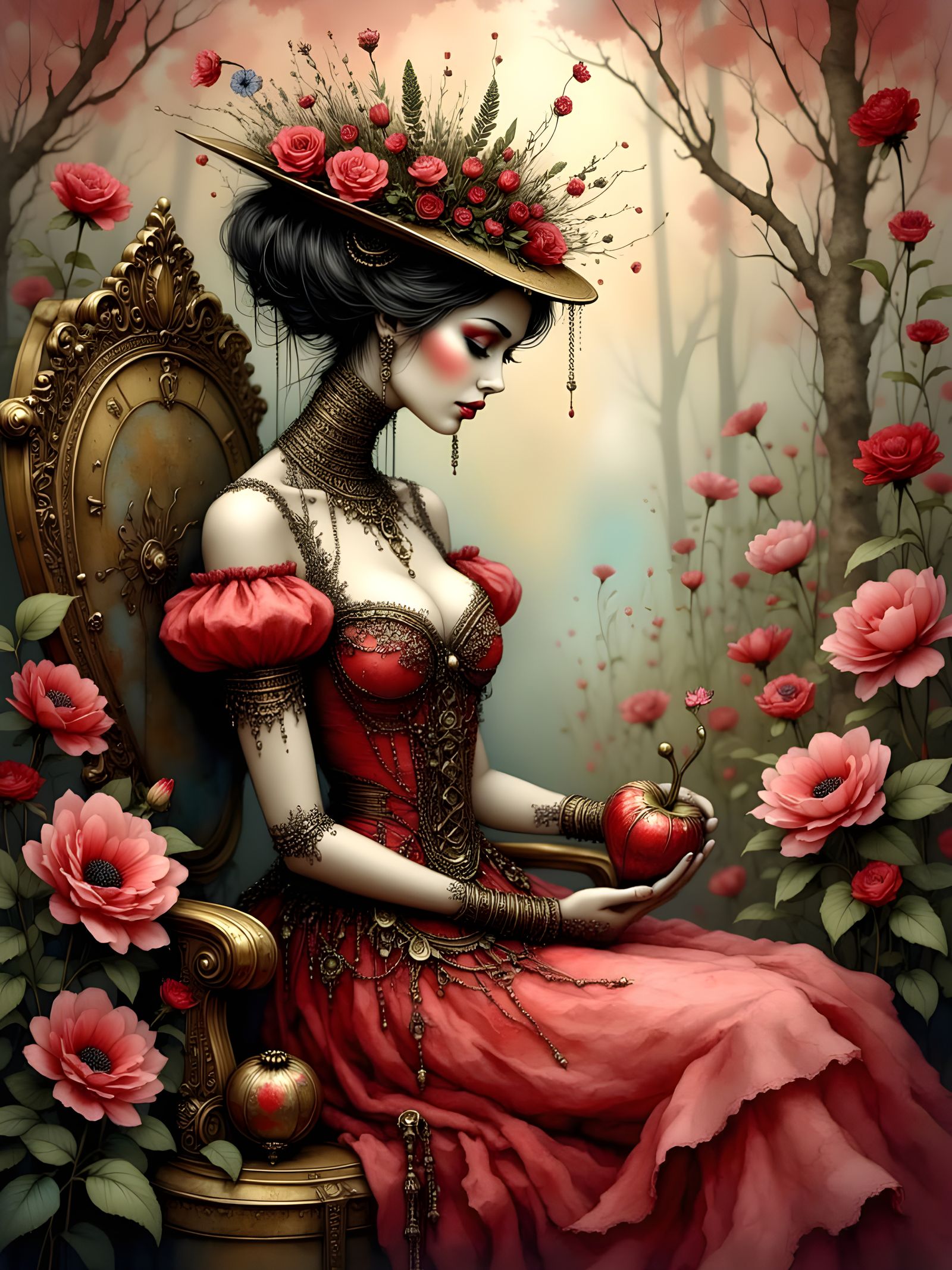 Steampunk Queen of Hearts in Whimsical Garden