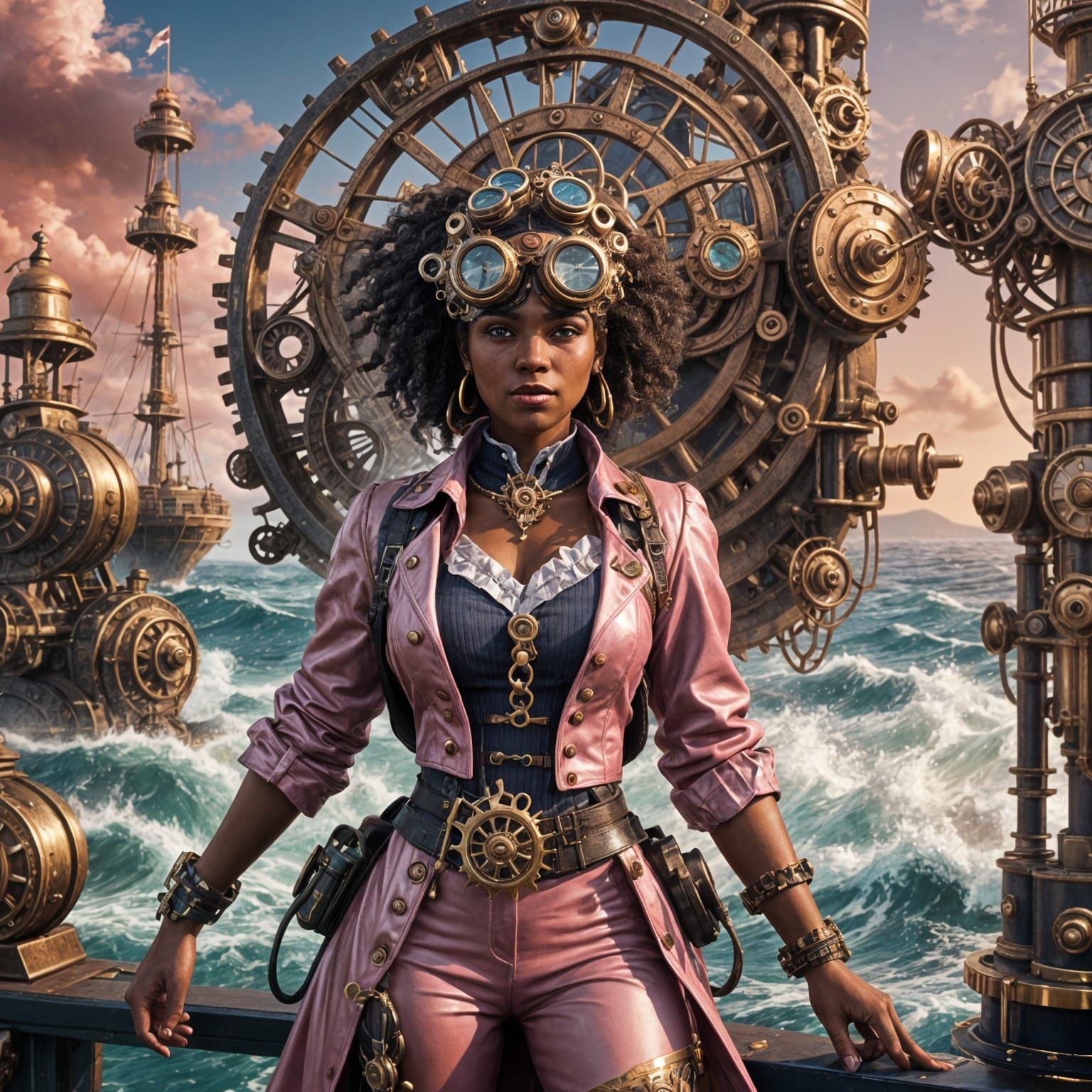 Steampunk Black Woman at Sea in Detailed Painting