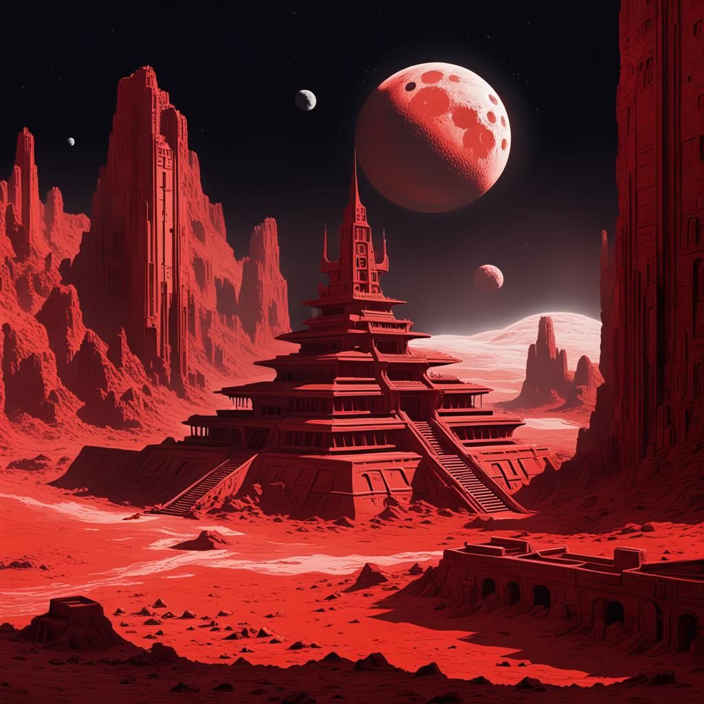 Monochrome in cinnabar red, an ancient ruin in another world...