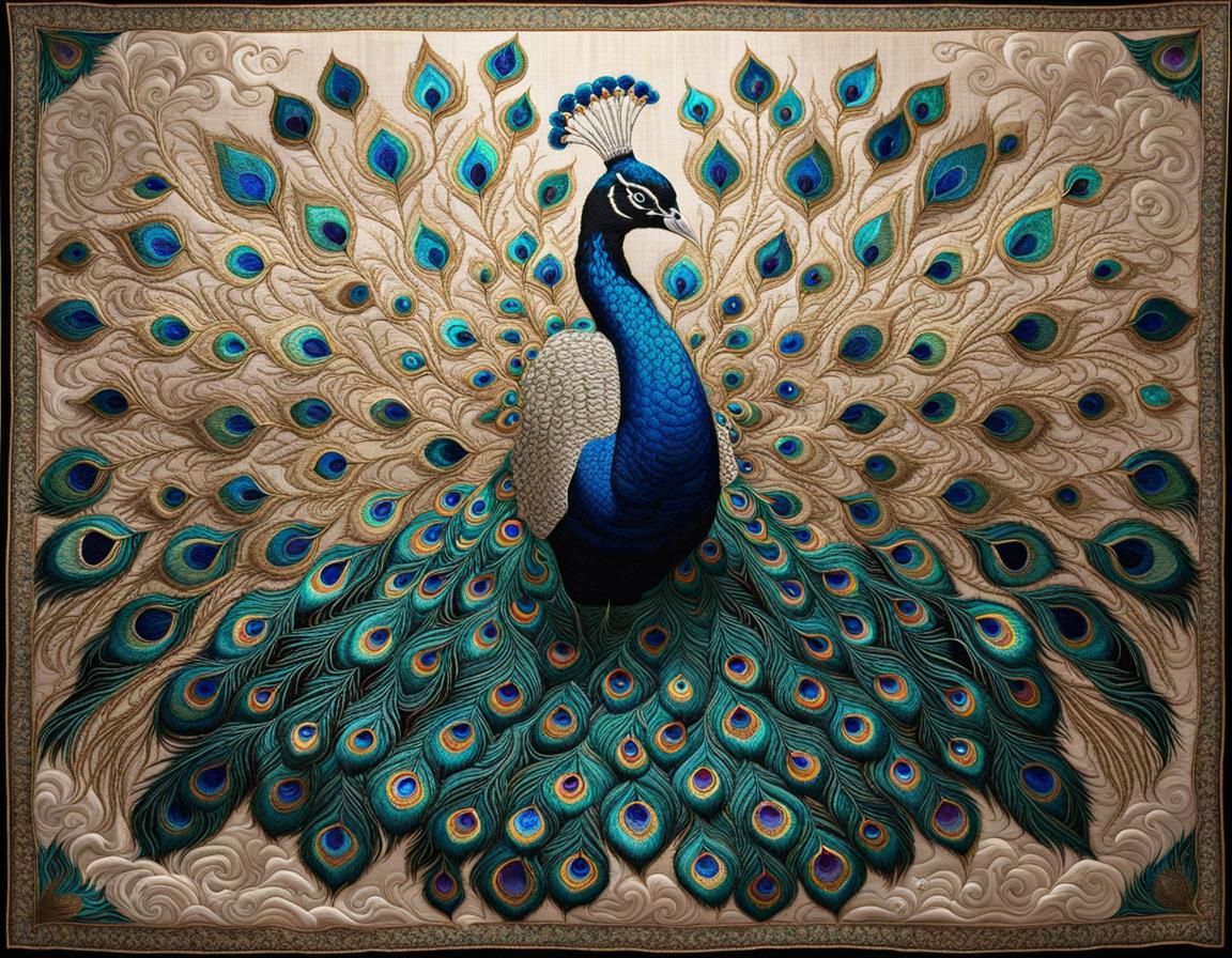 Opalescent Silk Tapestry of a Flying Peacock