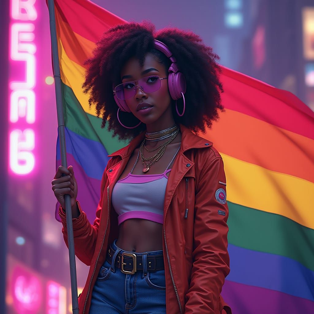 Gamer Chic Woman with Pride Flag, Digital Art