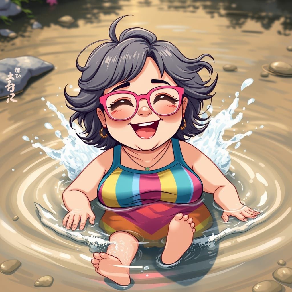 Whimsical Chibi Woman in Creek, Digital Illustration