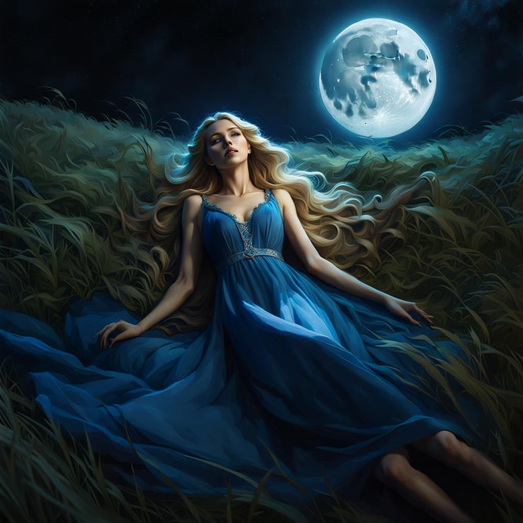 Blonde Woman in Blue Dress Under Moonlight