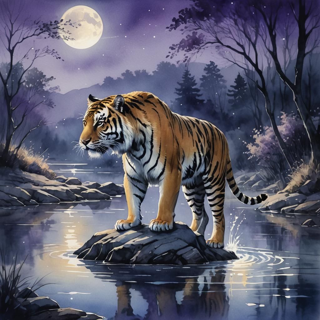 Tiger Drinking at Moonlit River, Watercolor Style