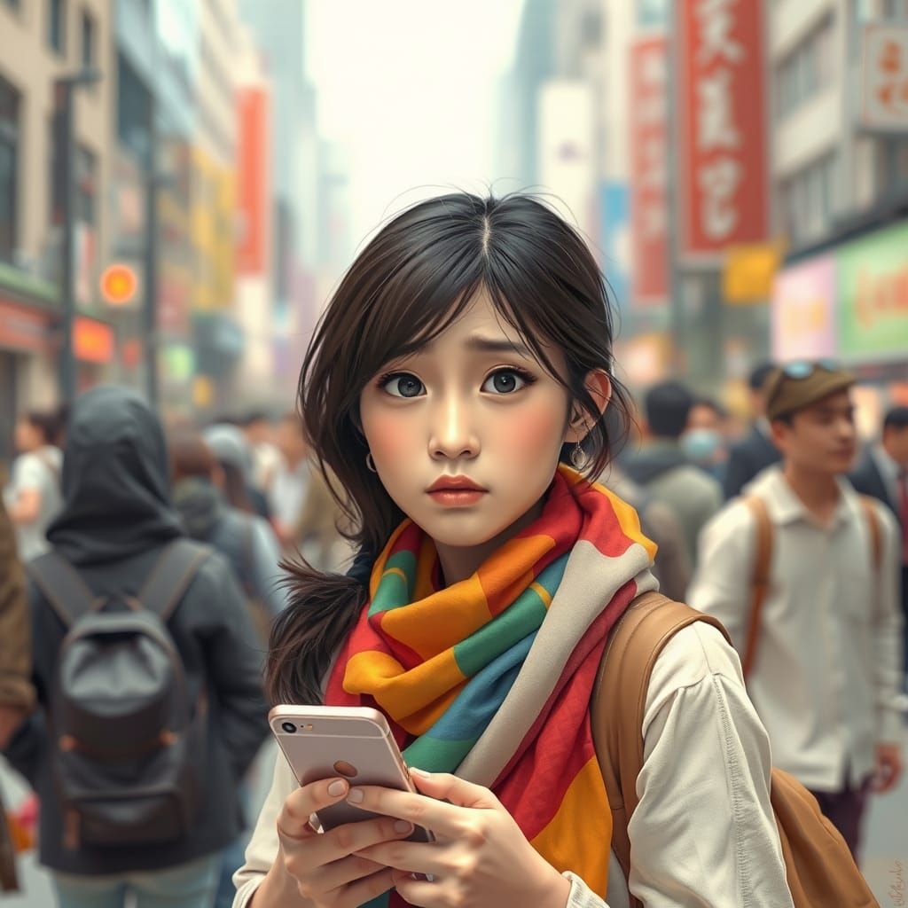 Confused Woman in City Square, Dreamlike Art