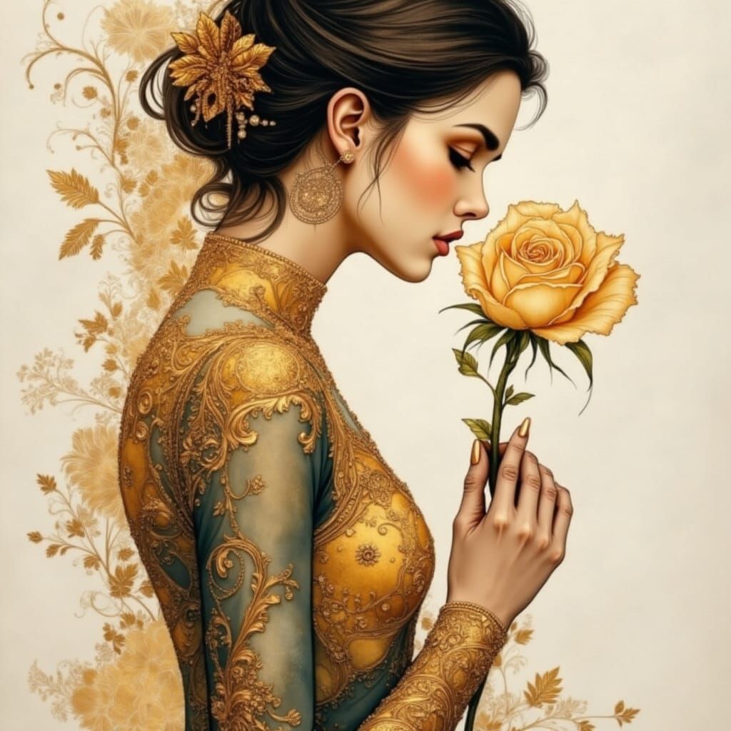 Belle with Rose in Pen and Ink Style