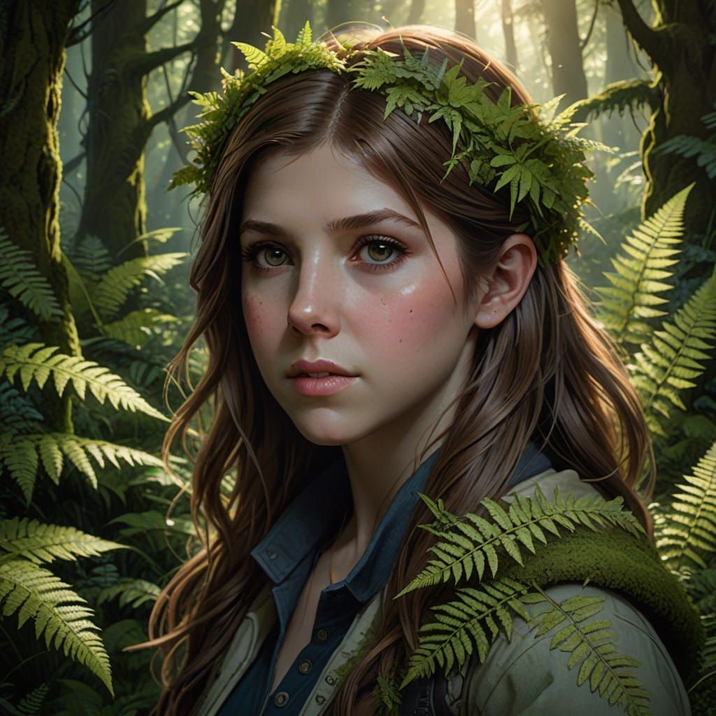 Anna Kendrick in a Lush Fern Garden, Set Amidst a Vibrant De...