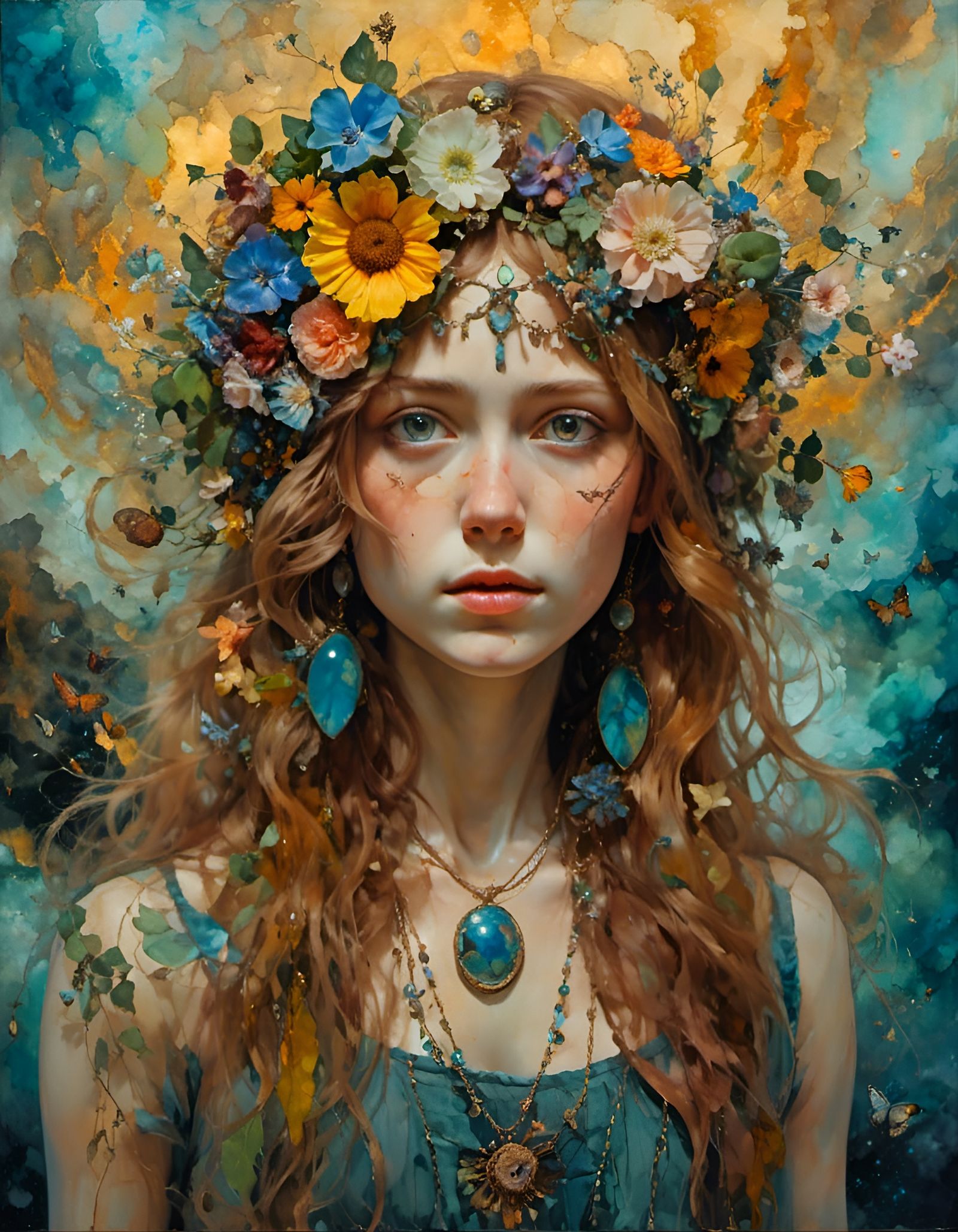 Hippie Girl Portrait in Hyperkraximalism Style