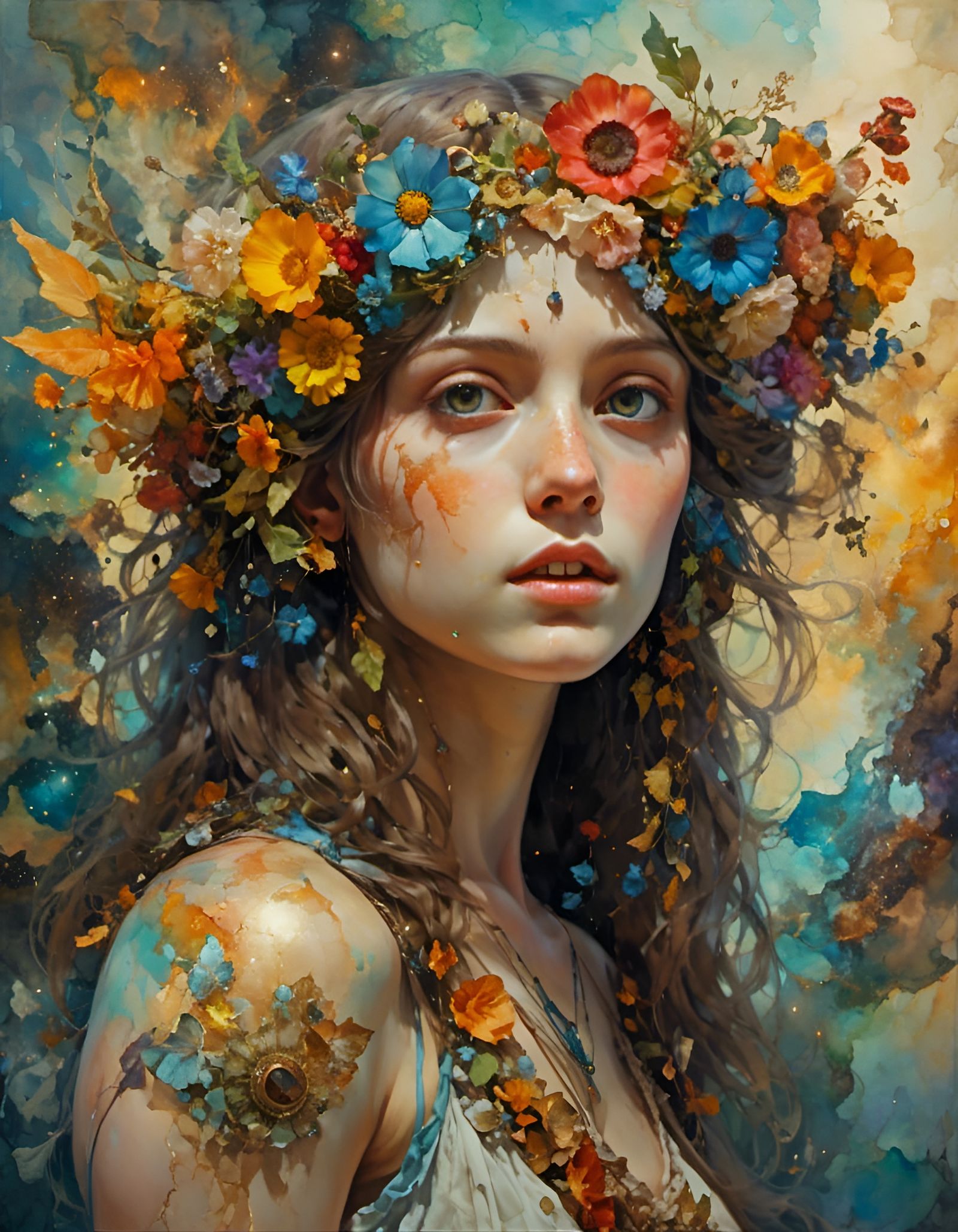 Hippie Girl Portrait in Hyperkraximalism Style