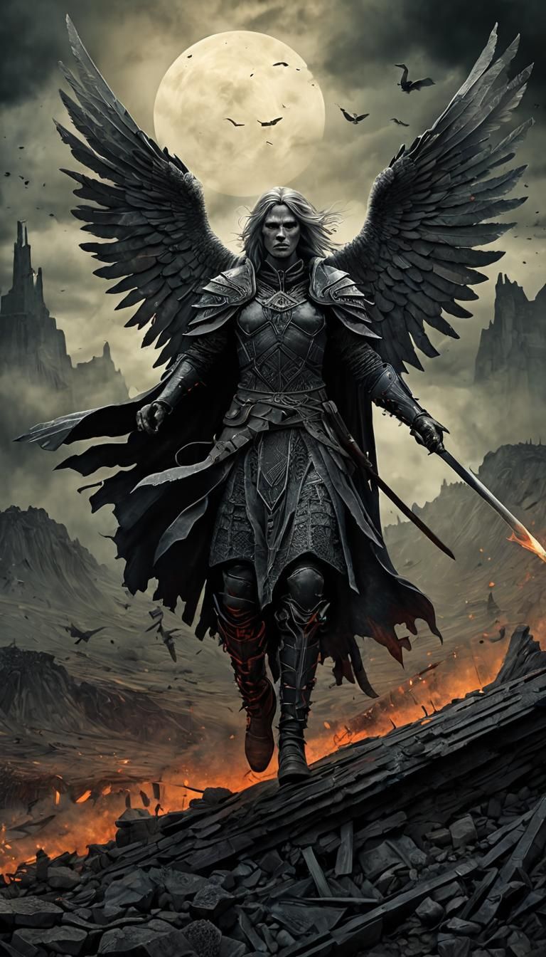 Dark Angel Descending in Battle with Haunting Topographic Li...