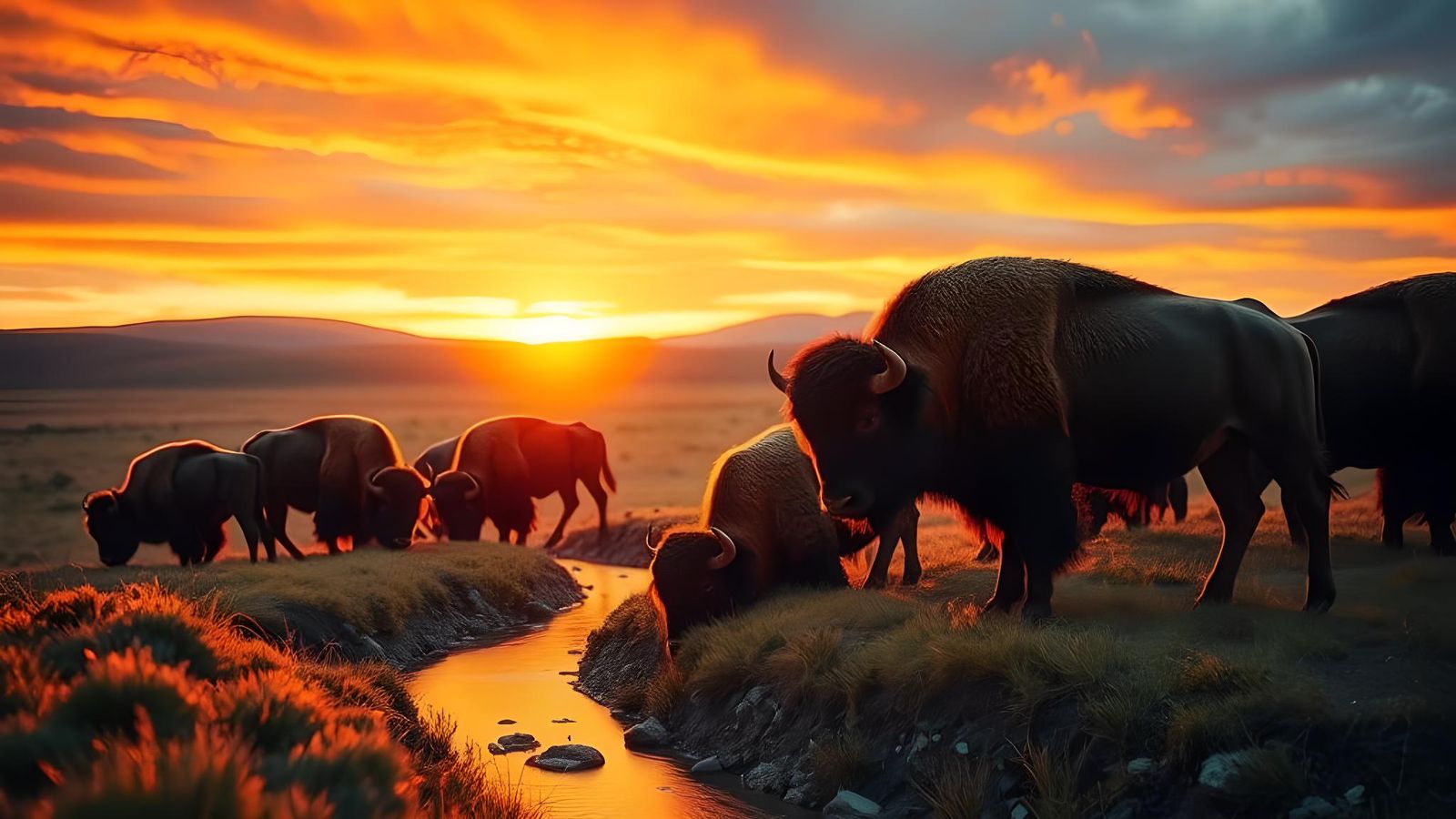 Cinematic Bison Herd at Sunset on Plains