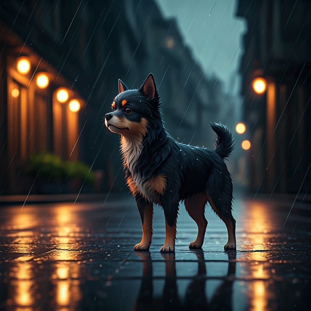 Black Dog in Rain, Detailed 3D Anime Style