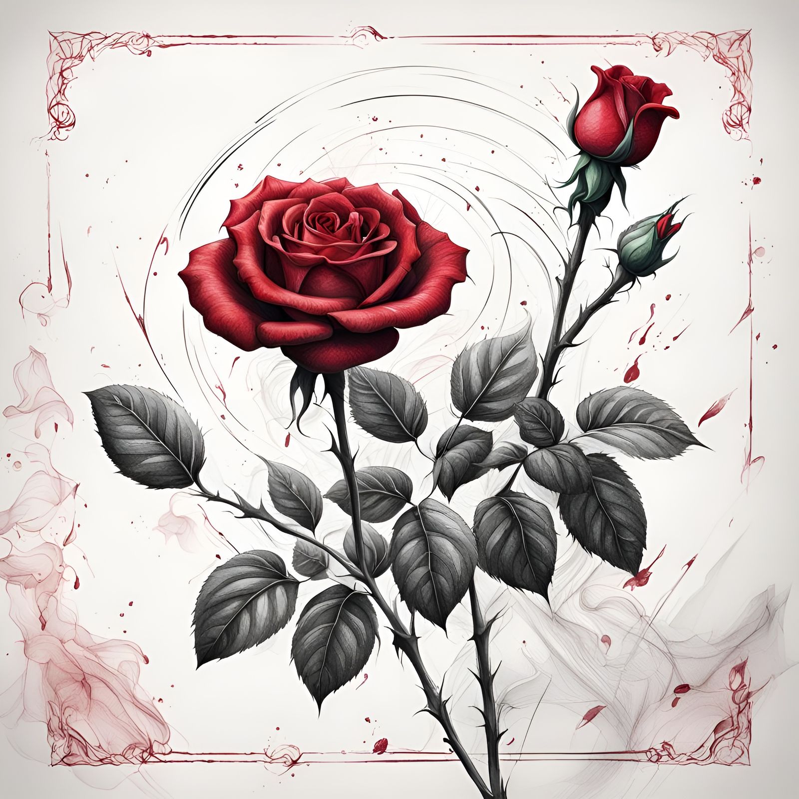 Realistic Red Rose Blossom Ink Drawing