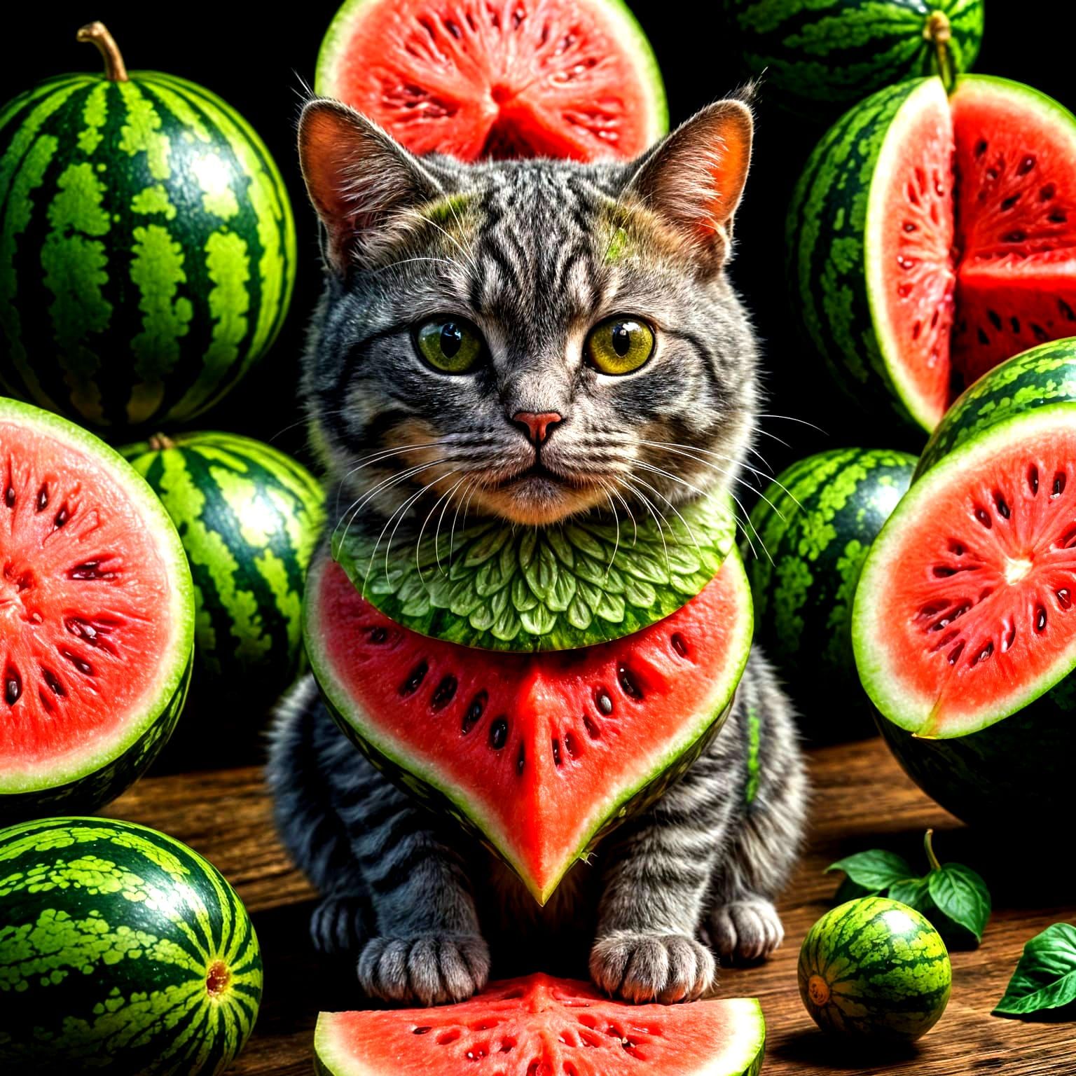 Hyperrealistic Watermelon Cat Fusions in Intricate Textural ...