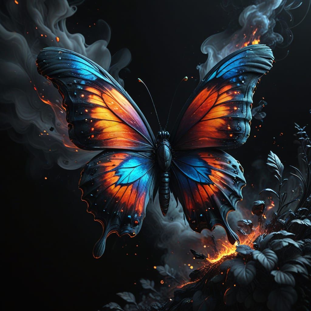 Ink Butterfly Emerging from Black Smoke
