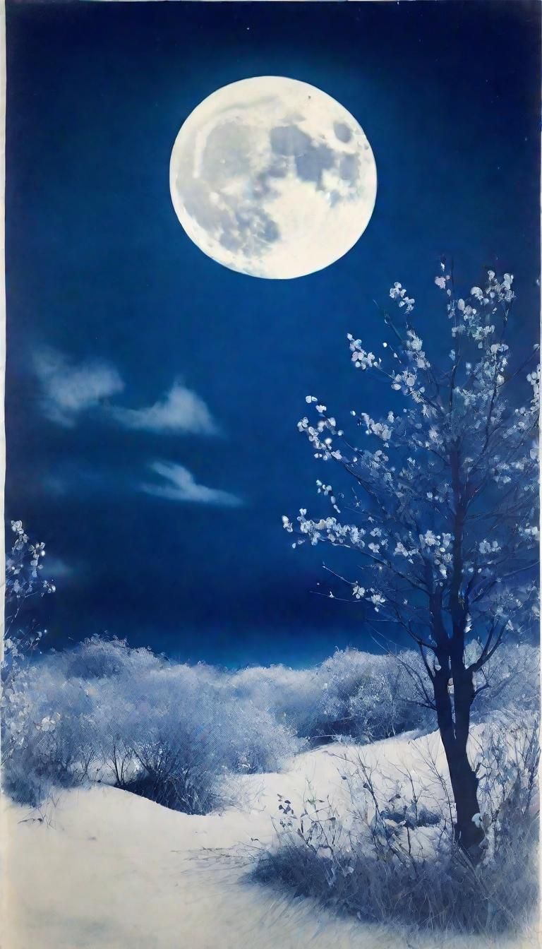 Ethereal Cyanotype Landscape with Flowers and Snow