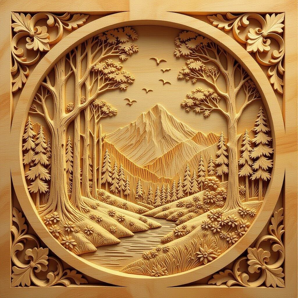 Detailed Wood Carving of a Forest Scenery