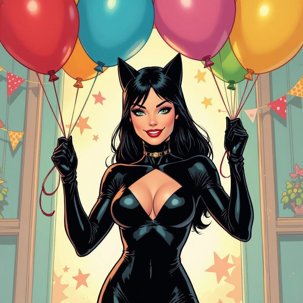 Black Cat with Balloons, Comic Book Illustration Style