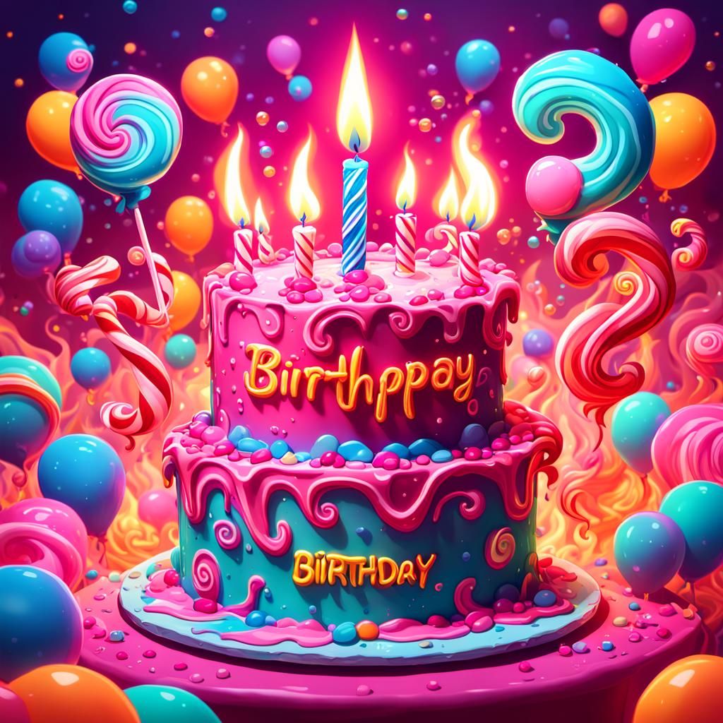 Neon pink flaming with happy birthday sign and big marijuana...