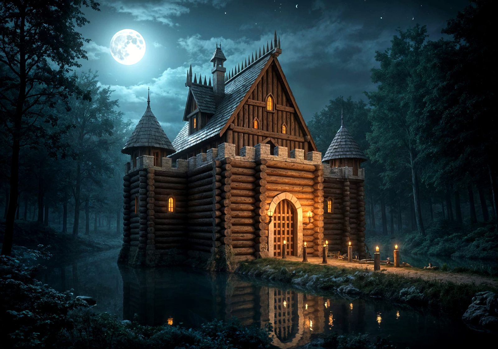 Gothic Log Castle With Moat Under Full Moon