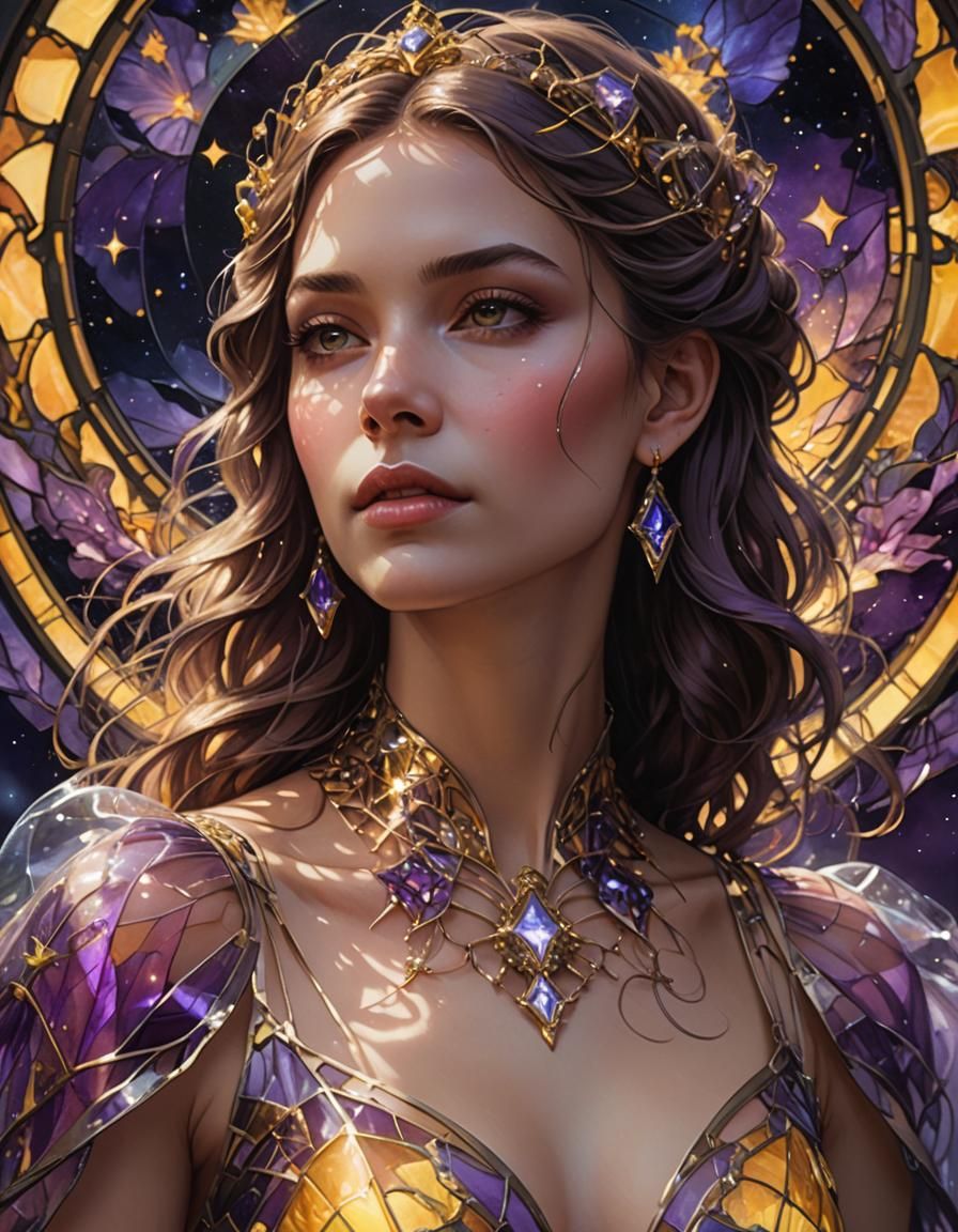 Woman in Glass Dress Portrait, Stained Glass Style