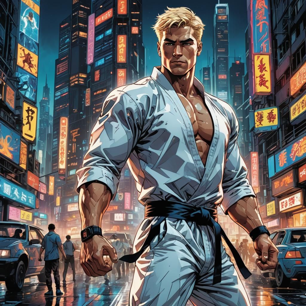 Heroic Karate Master in Cyberpunk Comic Art