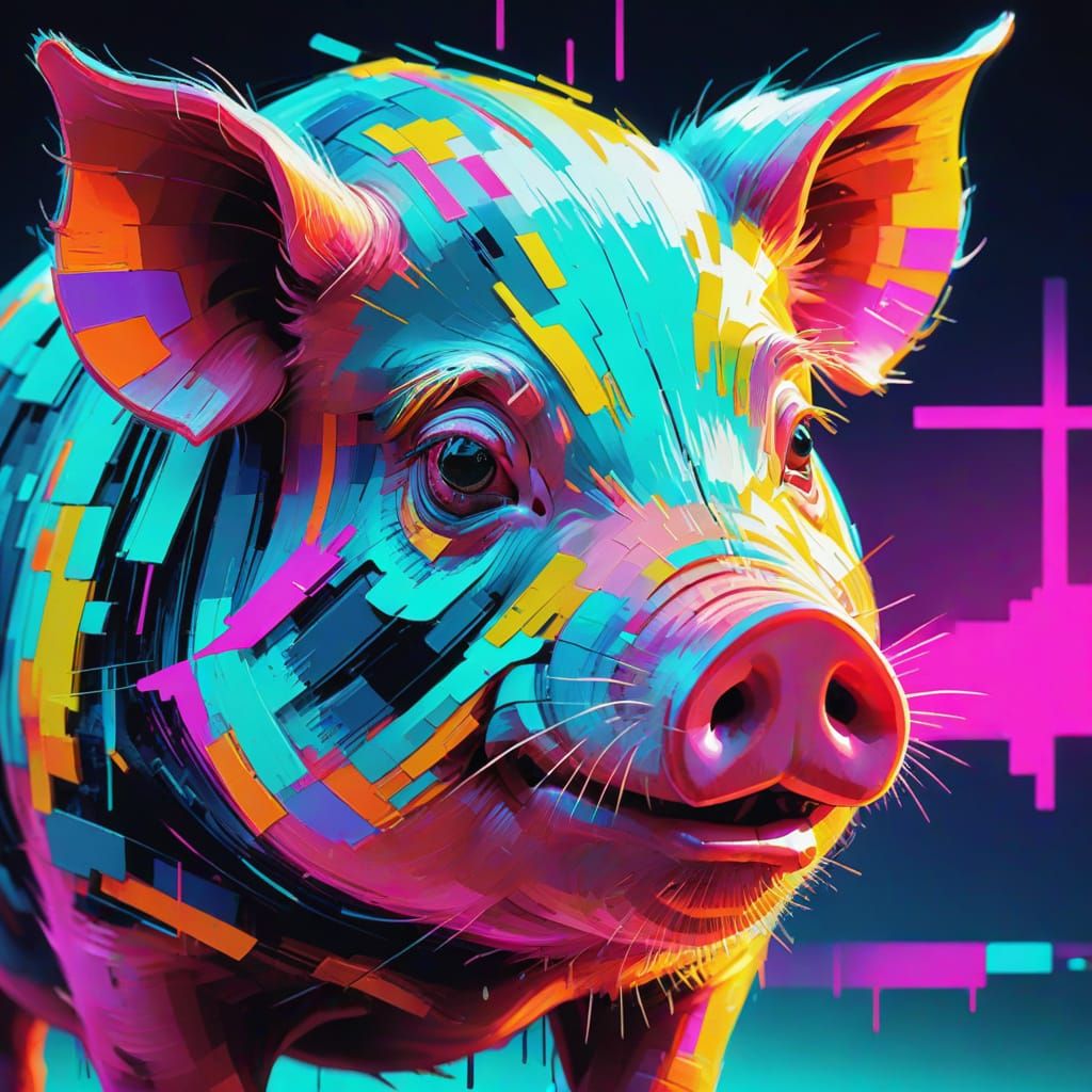 Glitch Art Pig Portrait in Neon Colors