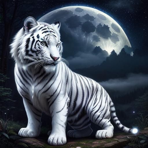 Fantasy White Tiger Under Starry Moonlit Sky