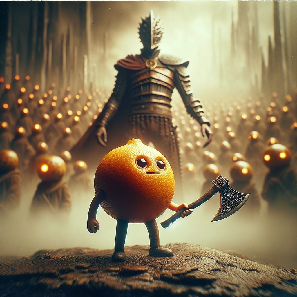 Orange Peel Warrior in Dystopian Landscape