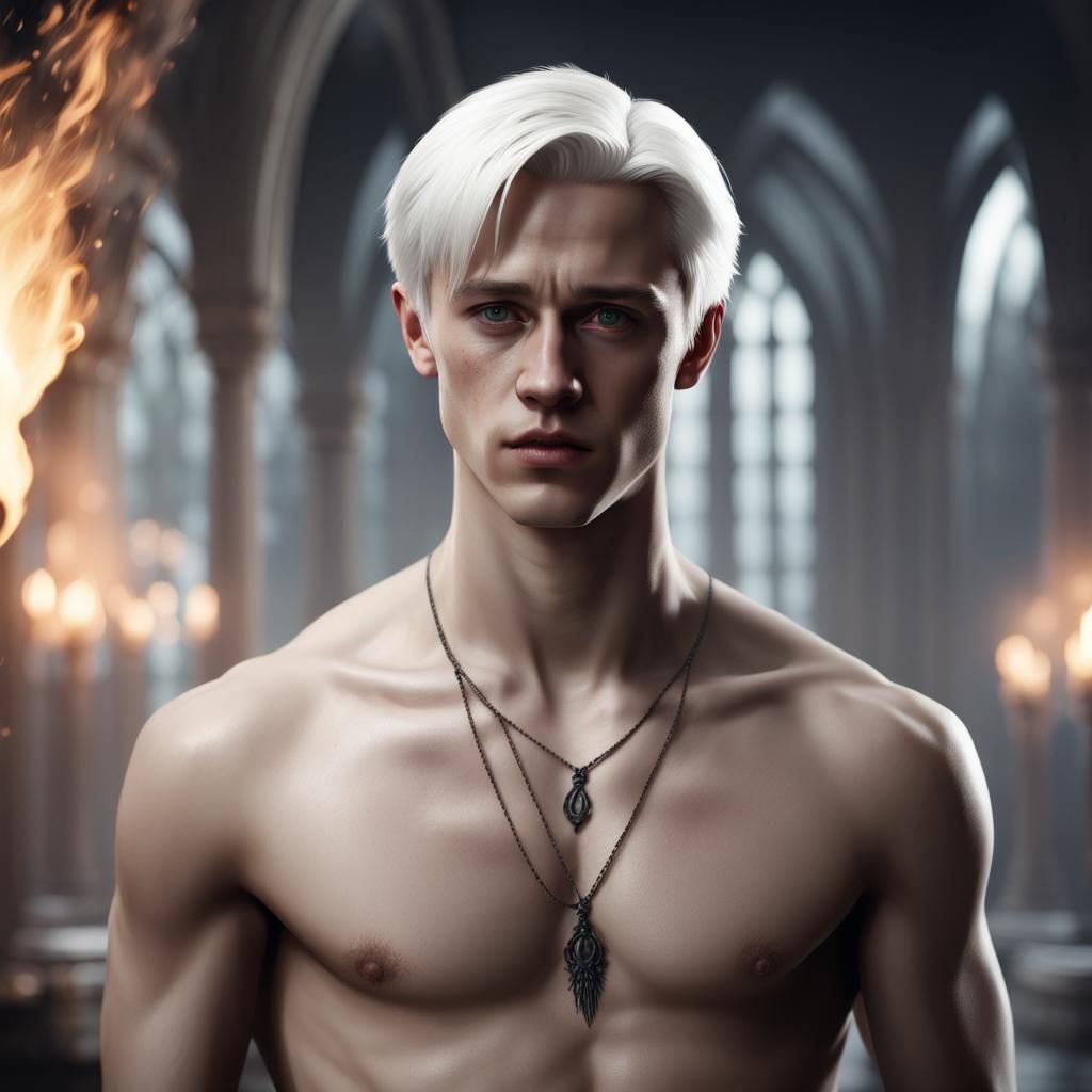 Handsome Young Man with White Hair in Matte Painting