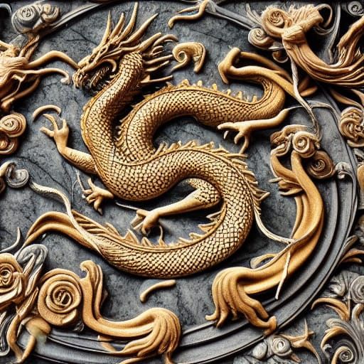 Ancient Dragon Marble Carving in Floral Setting