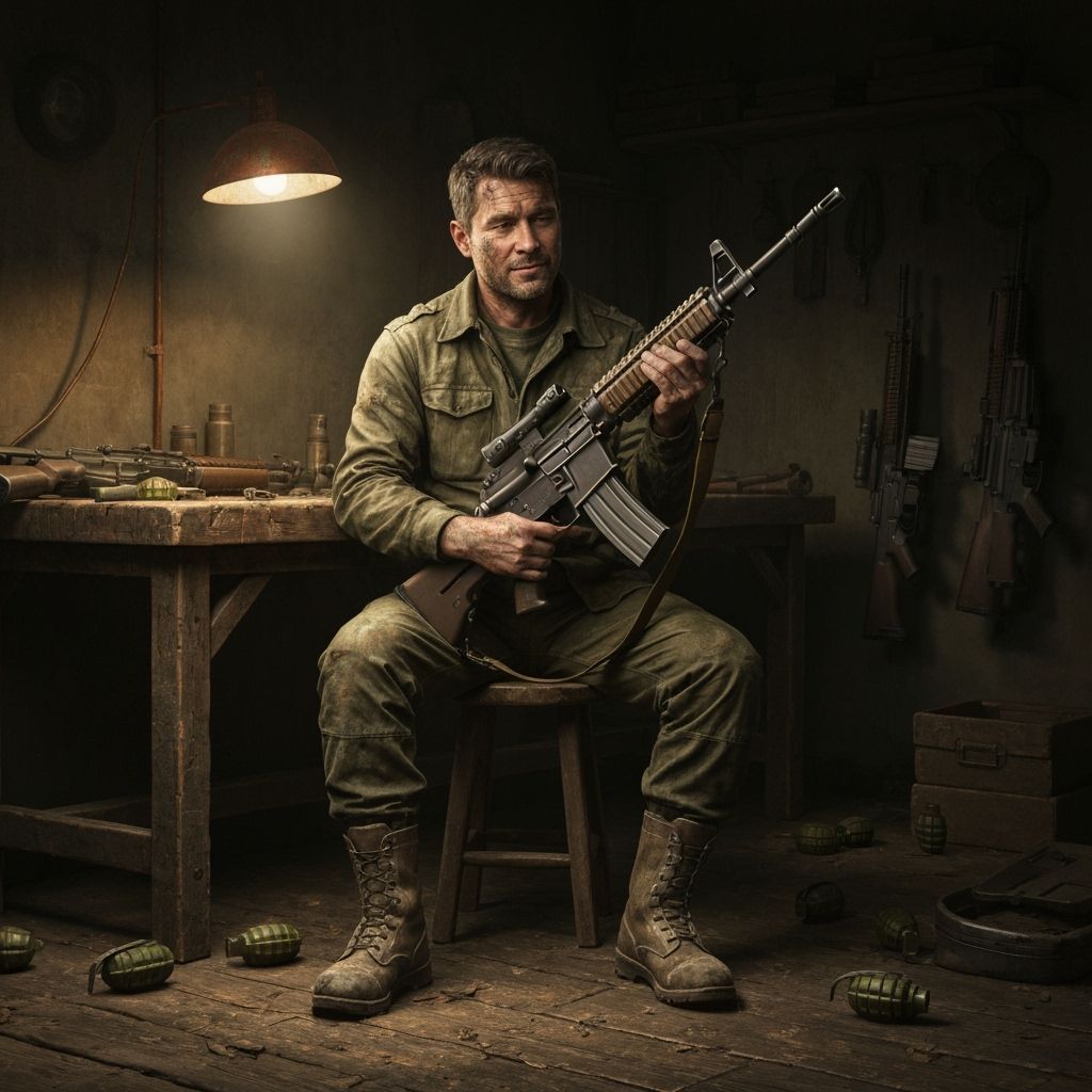 Soldier and Rifle in Dimly Lit Workshop