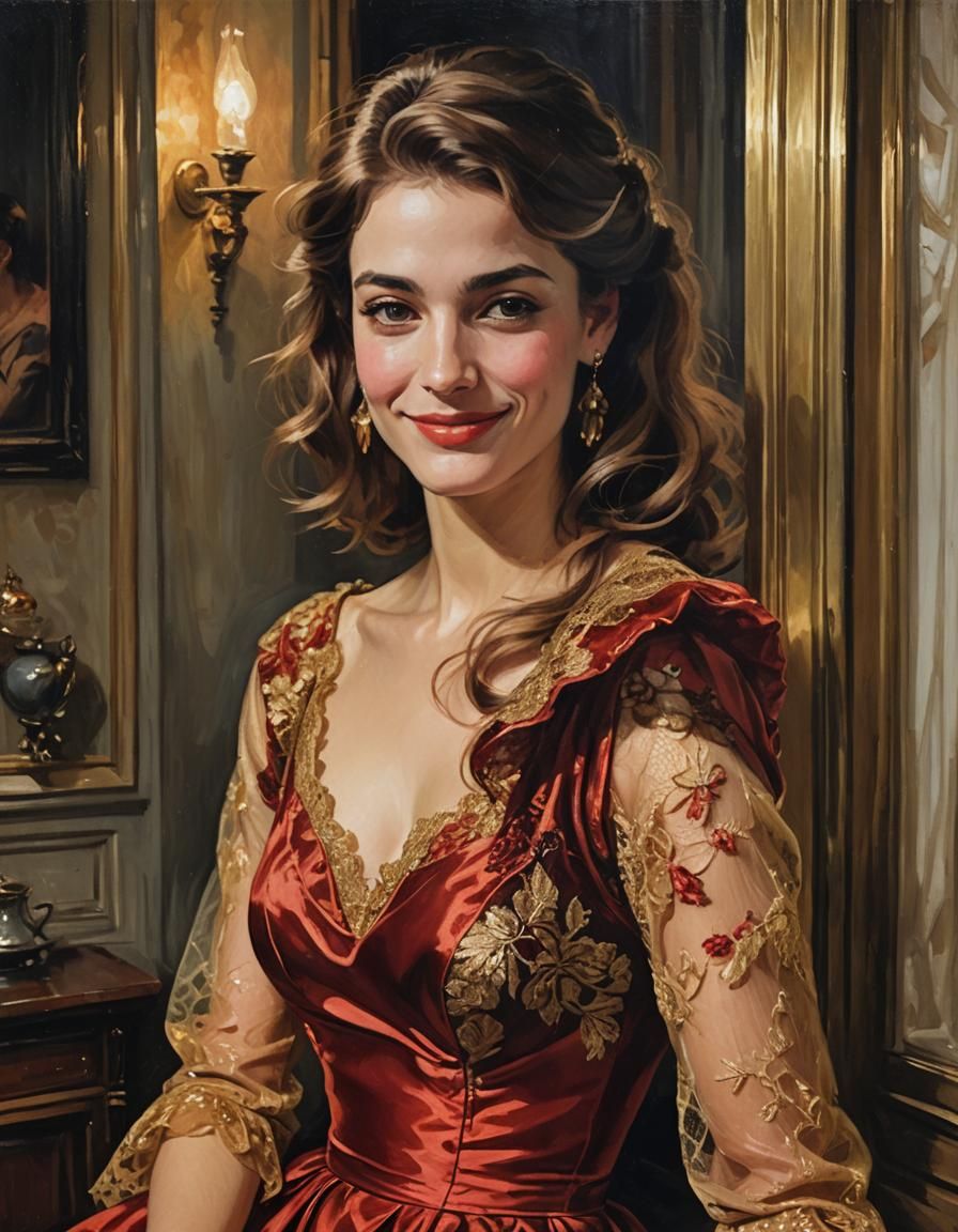 A Extremely gorgeous Young French woman in a red and gold satin and lace dress, shy smile, in her apartment in Paris At ...