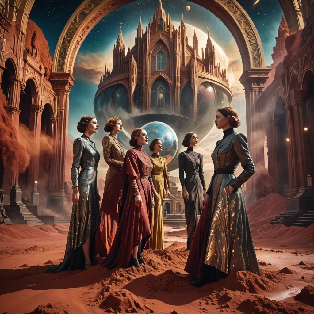 Fantastical Art Deco Women Above Red-Dust River