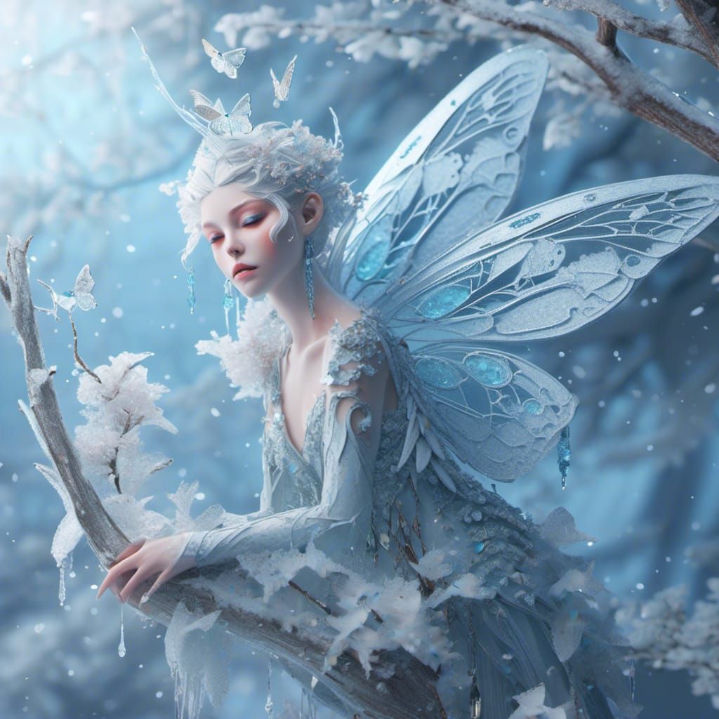 Winter Ice Butterfly Elf on Snowy Branch