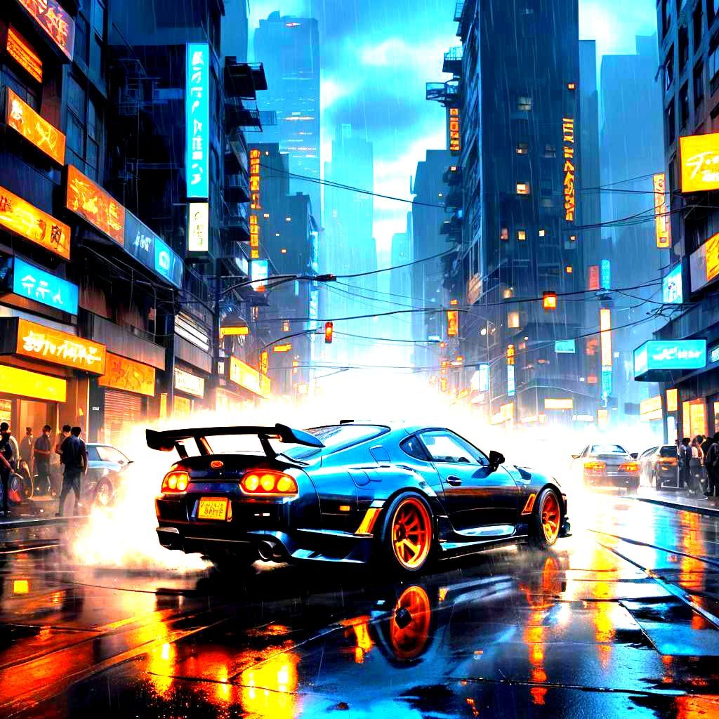 Toyota Supra Drifting on Rainy Day: Detailed Matte Painting