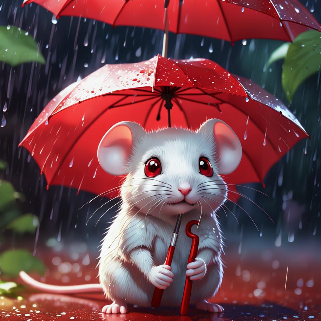 Shy Mouse Peeking From Umbrella in Rain