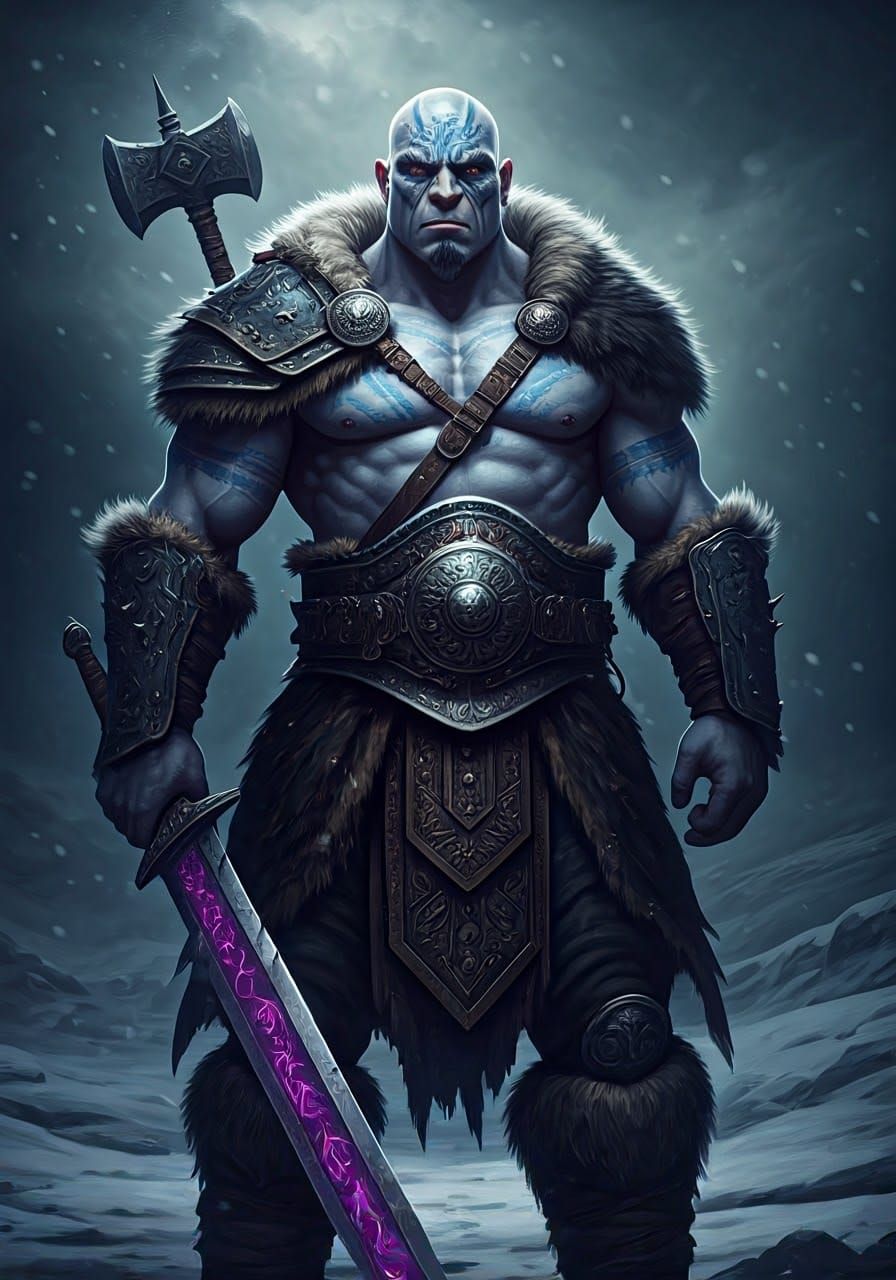 Grey-Blue Warrior Stands Ready in Snowy Battleground