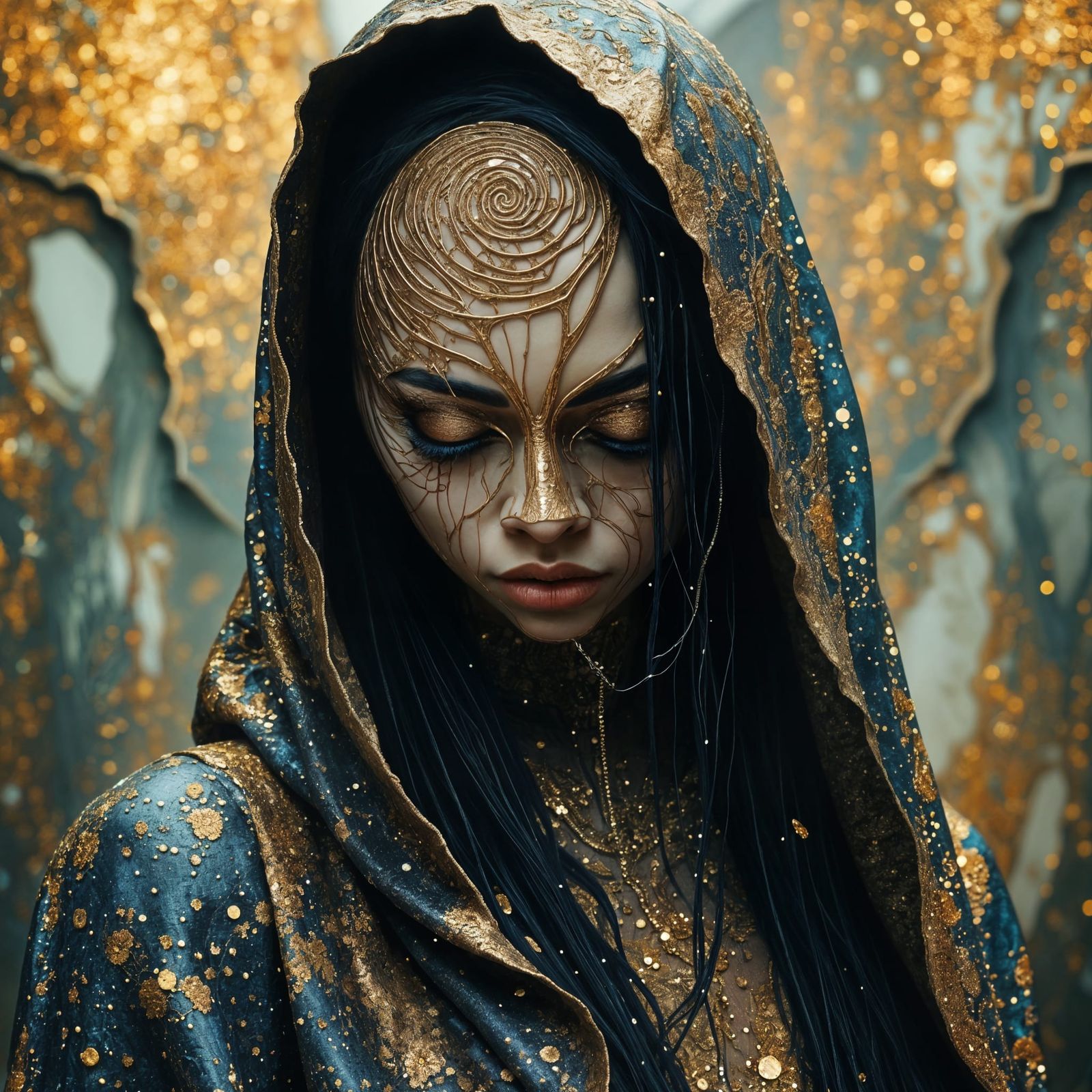 Mysterious Woman in Shimmering Robes with Spiral Mask
