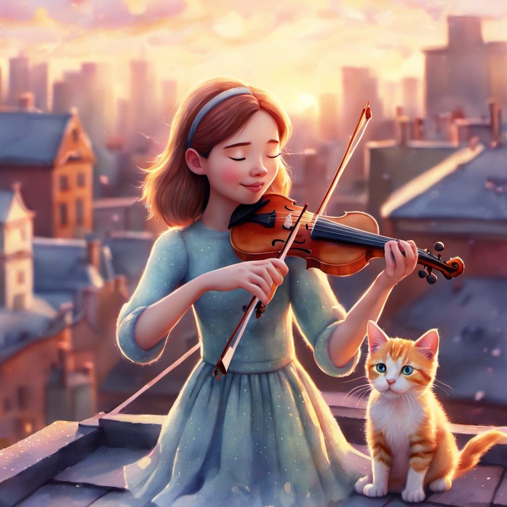 Girl Plays Violin for Kittens: Pixar-Style Watercolor